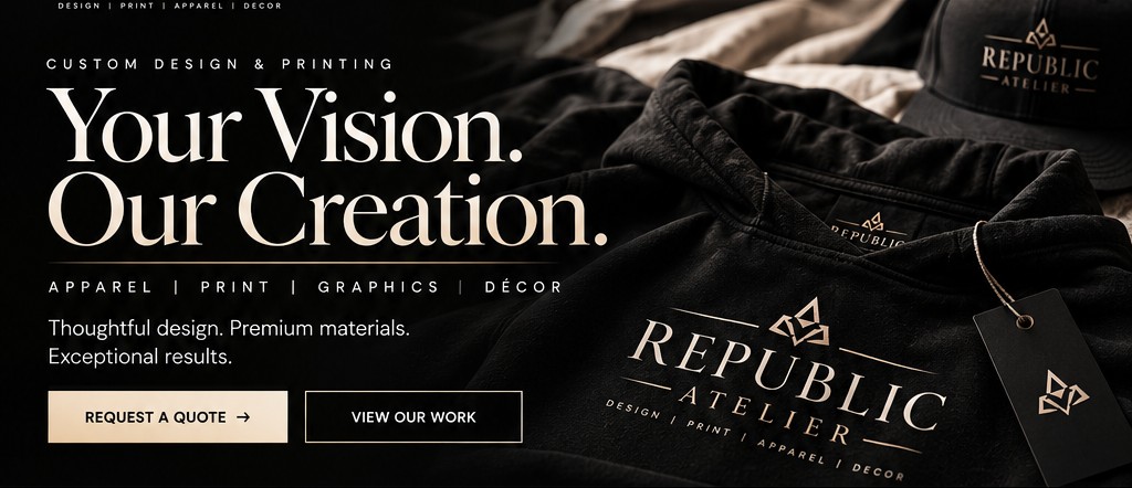 Republic Atelier custom design and printing, Your Vision. Our Creation. Branded hat and apparel